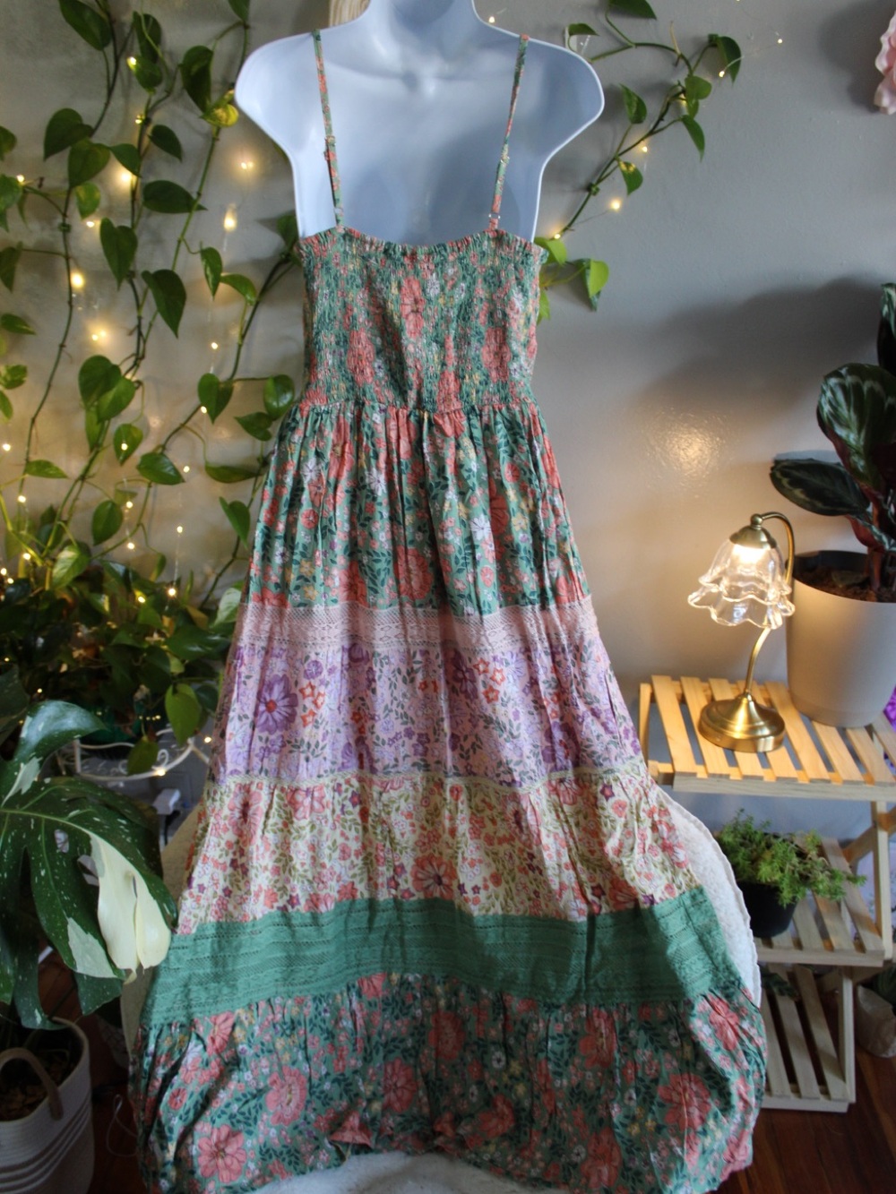 Angie Floral Tiered Maxi Dress in Green, Coral & Lavender - Picture 4 of 9
